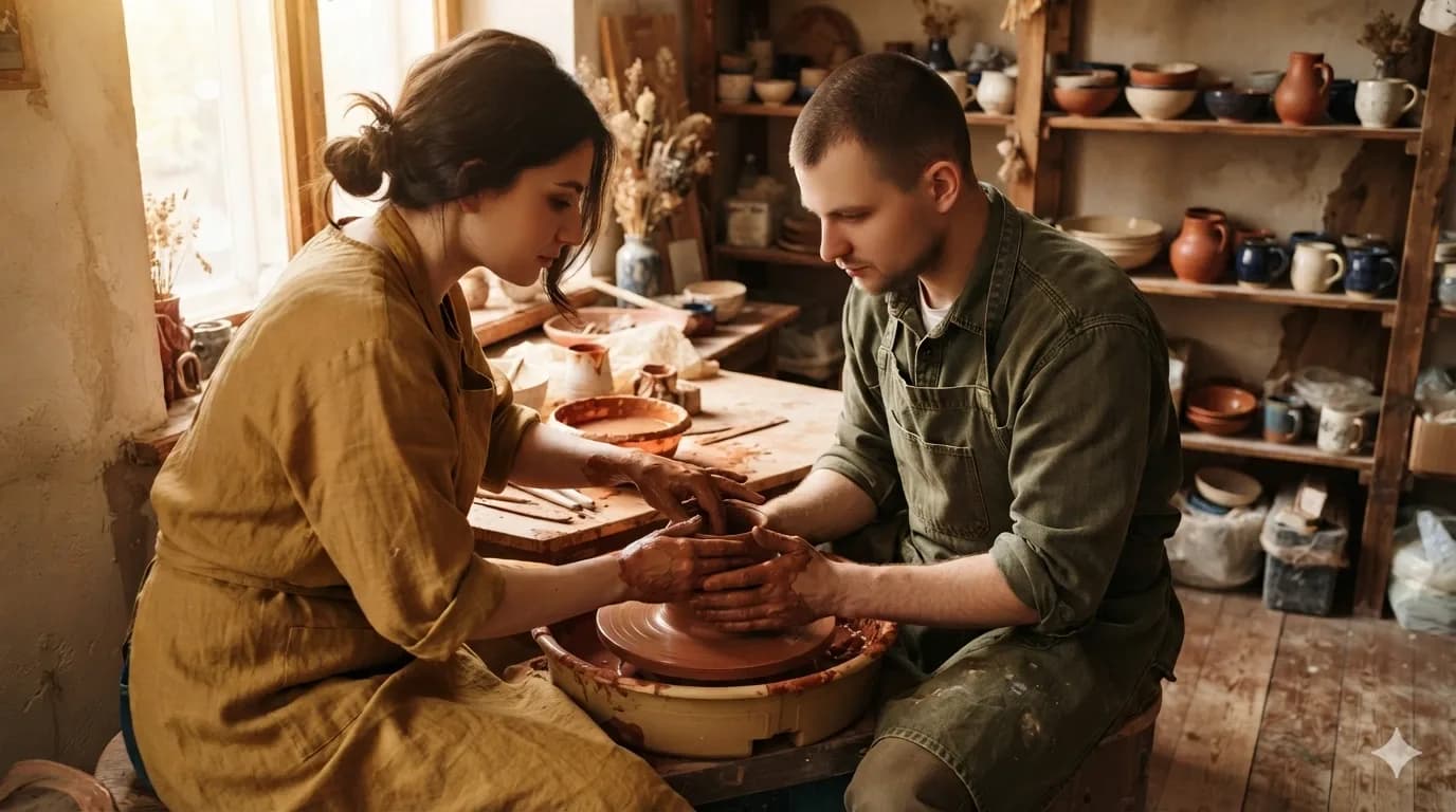 Cặp đôi cùng nhau làm gốm như một món quà trải nghiệm nhân dịp sinh nhật