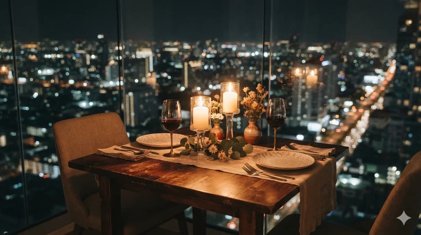 Bàn ăn tối lãng mạn được trang trí đơn giản cho buổi hẹn hò sinh nhật của cặp đôi
